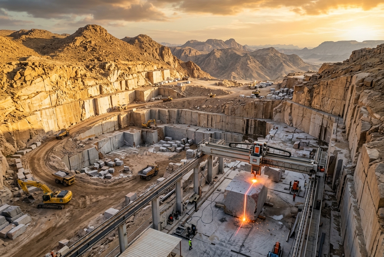 Natural stone quarry with laser-calibrated machinery for precision cutting